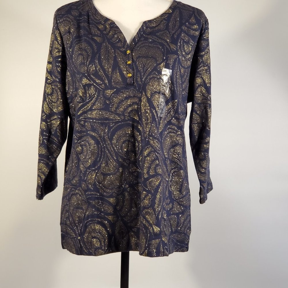 Karen Scott Navy & Gold 3/4 Sleeve Top - Sz OX